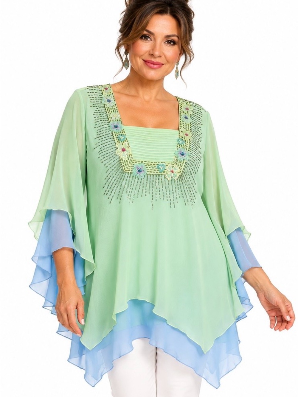 Randolph Duke The Look Tunic Cami Set Size 8 Green Blue Embellished Layered NWT